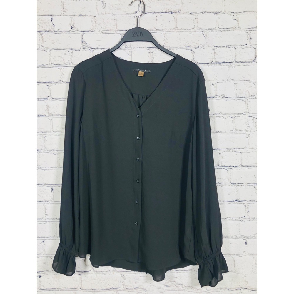 Tahari Blouse Womens M Black V-Neck Button Front Ruffle Cuff Chiffon Excellent